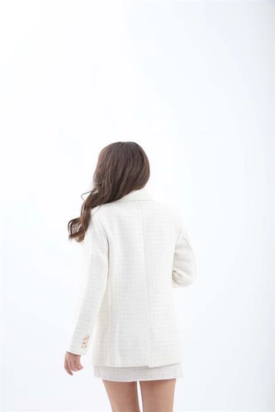 Kare Desen Kruvaze Yaka Ceket - Ekru - Resim 6