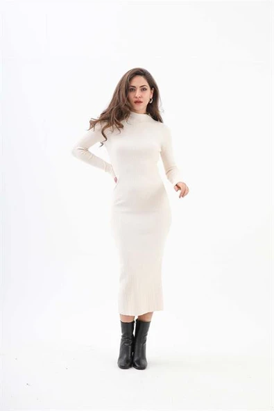 Kendinden Yaka Triko Fitilli Elbise - Krem - Resim 2