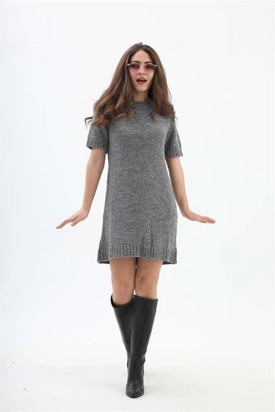 Kısa Kol Kırçıllı Triko Elbise - Siyah-Ekru - Resim 2