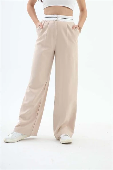 Kemer Detaylı Yüksek Bel Palazzo Pantolon - Bej - Resim 2