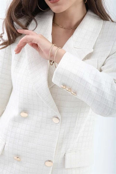 Kare Desen Kruvaze Yaka Ceket - Ekru - Resim 5