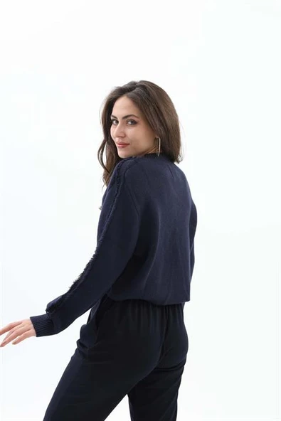 Önü Oval Fermuarlı Hırka - Lacivert - Resim 4