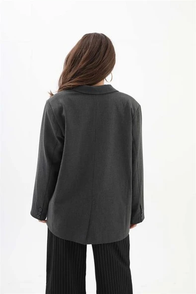 Kadın Kruvaze Yaka Oversize Blazer Ceket - Antrasit - 7