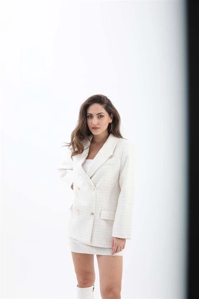 Kare Desen Kruvaze Yaka Ceket - Ekru - Resim 4