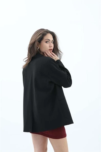 Kadın Kruvaze Yaka Oversize Blazer Ceket - Siyah - Resim 6
