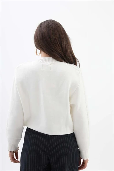 Önü Oval Fermuarlı Hırka - Ekru - Resim 5