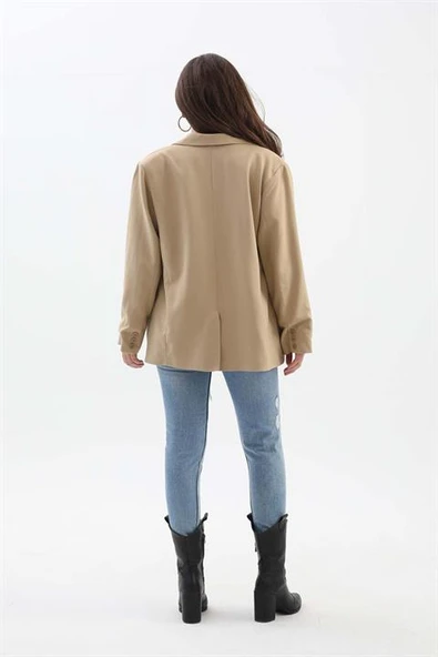 Kadın Kruvaze Yaka Oversize Blazer Ceket - Vizon - Resim 7