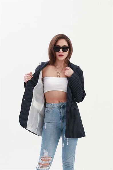 Fleto Cepli Dar Çizgili Poliviskon Blazer Ceket - Lacivert - Resim 3