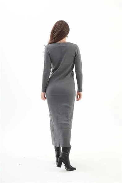 V Yaka Pis Dikişli Triko Elbise - Antrasit - Resim 5