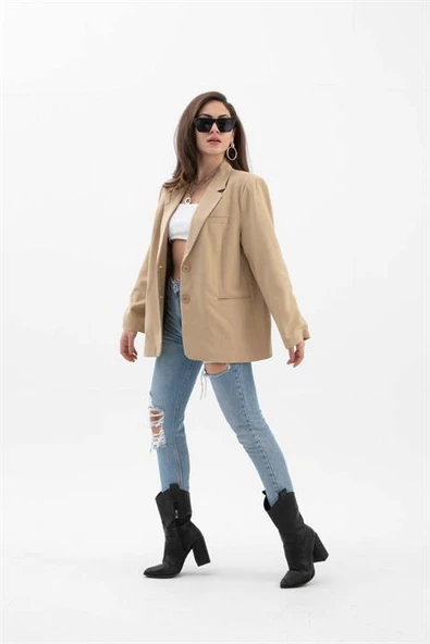 Kadın Kruvaze Yaka Oversize Blazer Ceket - Vizon - Resim 5
