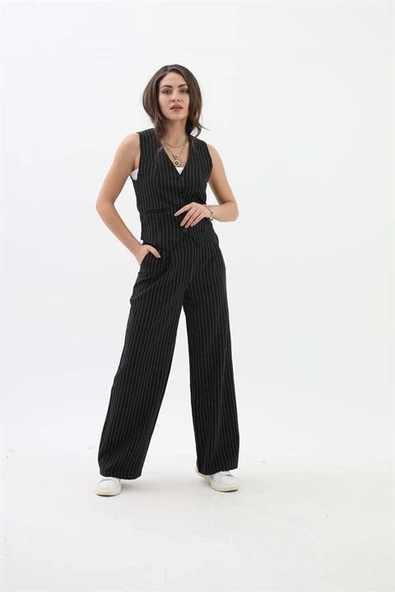 Yüksek Bel Çizgili Palazzo Pantolon - Siyah - Resim 2