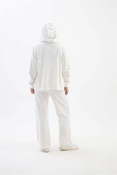 Örme Aksesuar Detaylı Kapşonlu Üç İplik Takım - Ekru - Resim 7