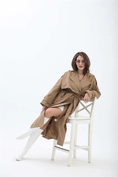 Beli Kuşaklı Allerli  Apoletli Trençkot - Vizon ürün görseli 1