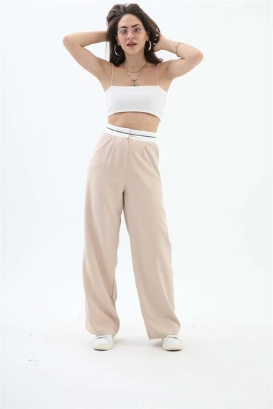 Kemer Detaylı Yüksek Bel Palazzo Pantolon - Bej ürün görseli 1