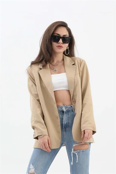 Kadın Kruvaze Yaka Oversize Blazer Ceket - Vizon - Resim 2