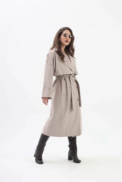 Beli Kuşaklı Allerli  Apoletli Trençkot - Taş - Resim 5