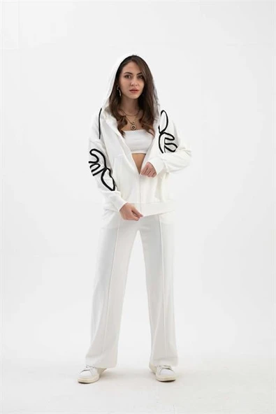 Süzene Nakışlı Kapşonlu Üç İplik Takım - Ekru - Resim 3