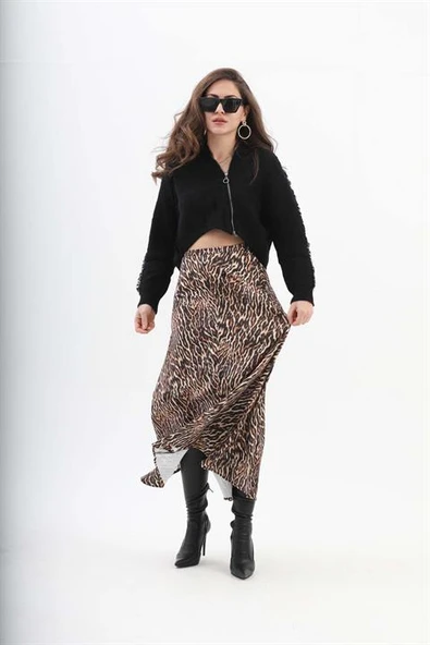 Leopar Desenli Parçalı Saten Etek - Siyah - Resim 4