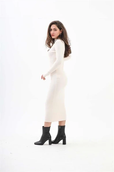 Kendinden Yaka Triko Fitilli Elbise - Krem - Resim 5