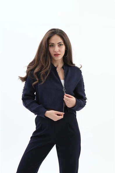 Önü Oval Fermuarlı Hırka - Lacivert ürün görseli 1