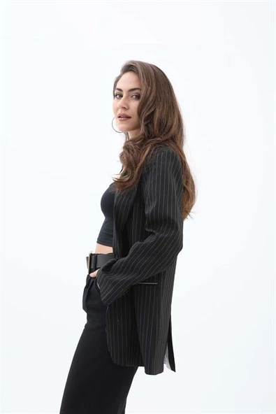 Fleto Cepli Dar Çizgili Poliviskon Blazer Ceket - Siyah - Resim 3