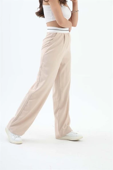 Kemer Detaylı Yüksek Bel Palazzo Pantolon - Bej - Resim 4