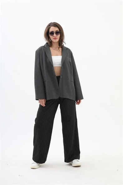 Kadın Kruvaze Yaka Oversize Blazer Ceket - Antrasit - 2