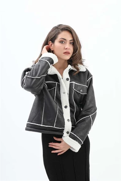 Deri Görünümlü İçi Peluş Önü Düğmeli Mont - Siyah ürün görseli 1