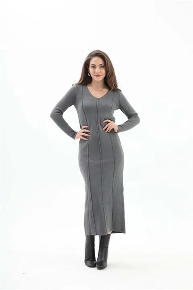 V Yaka Pis Dikişli Triko Elbise - Antrasit - Resim 2