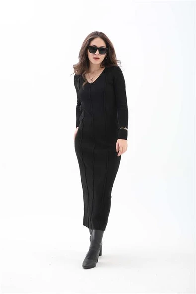 V Yaka Pis Dikişli Triko Elbise - Siyah - Resim 2