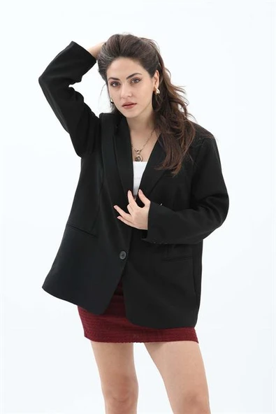 Kadın Kruvaze Yaka Oversize Blazer Ceket - Siyah - Resim 3