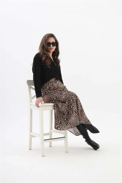 Leopar Desenli Parçalı Saten Etek - Siyah ürün görseli 1