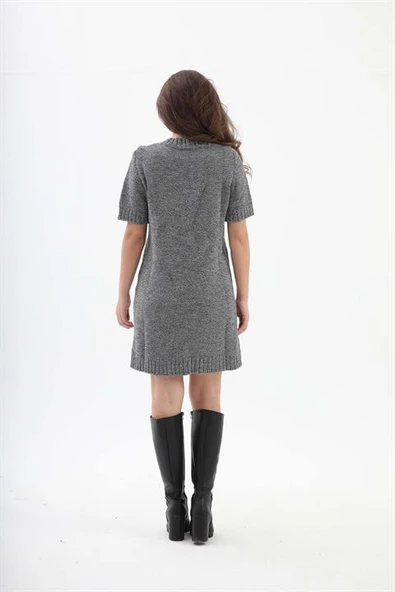 Kısa Kol Kırçıllı Triko Elbise - Siyah-Ekru - Resim 7