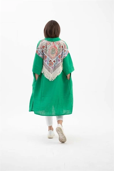 Arkası Baskılı Püsküllü Kimono - Yeşil - Resim 5