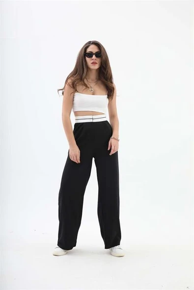 Kemer Detaylı Yüksek Bel Palazzo Pantolon - Siyah ürün görseli 1