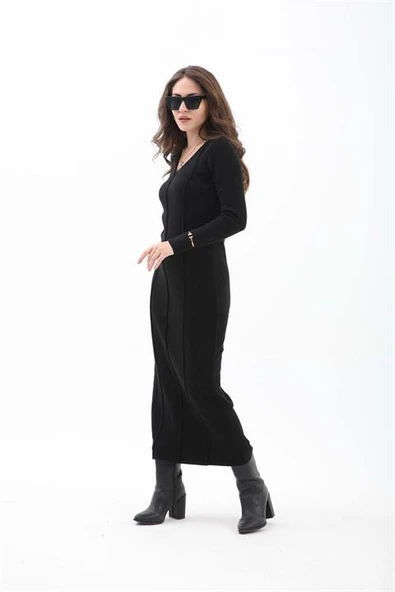 V Yaka Pis Dikişli Triko Elbise - Siyah - Resim 4