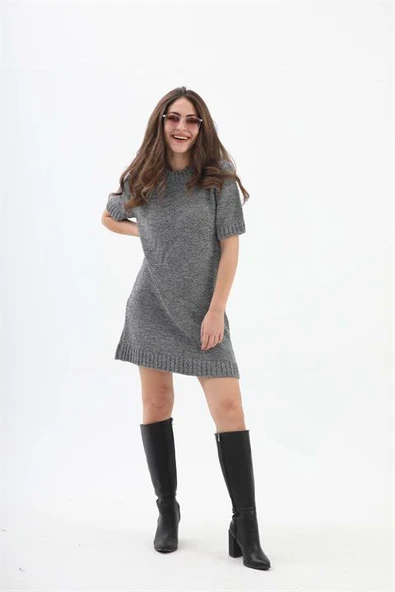 Kısa Kol Kırçıllı Triko Elbise - Siyah-Ekru ürün görseli 1