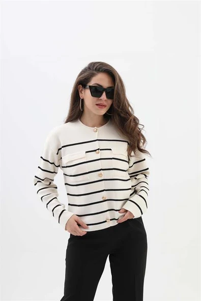 Bisiklet Yaka Çizgili Hırka - Lacıvert-Ekru ürün görseli 1