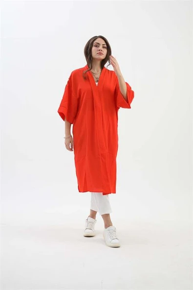 Arkası Baskılı Püsküllü Kimono - Turuncu ürün görseli 1