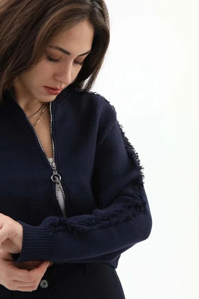 Önü Oval Fermuarlı Hırka - Lacivert - Resim 5