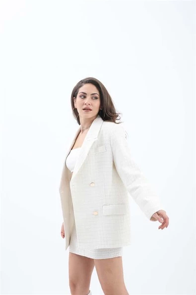 Kare Desen Kruvaze Yaka Ceket - Ekru - Resim 2