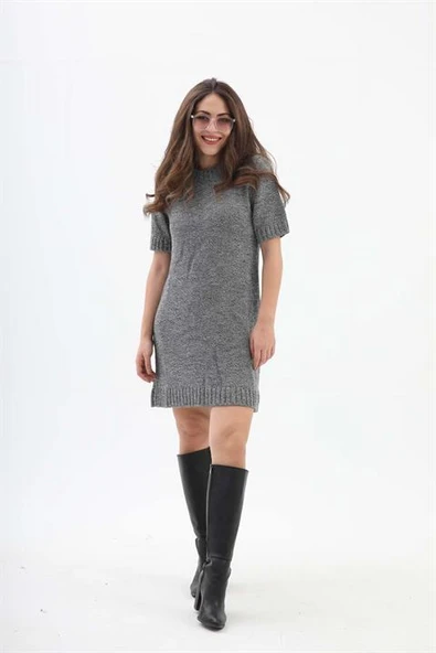 Kısa Kol Kırçıllı Triko Elbise - Siyah-Ekru - Resim 3