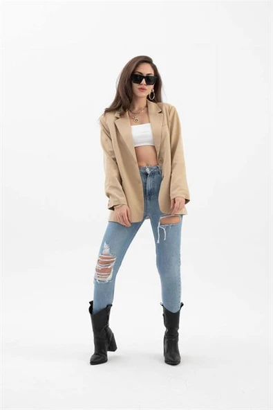 Kadın Kruvaze Yaka Oversize Blazer Ceket - Vizon - Resim 3