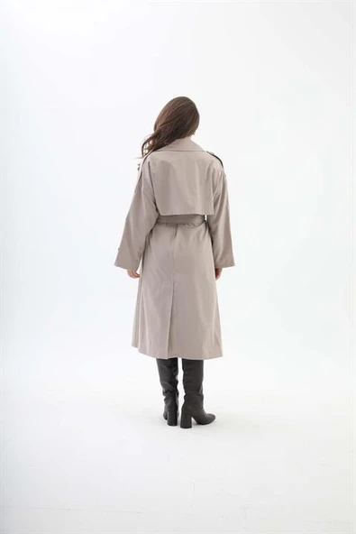 Beli Kuşaklı Allerli  Apoletli Trençkot - Taş - Resim 7