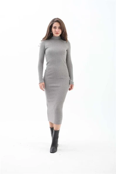 Kendinden Yaka Triko Fitilli Elbise - Gri ürün görseli 1
