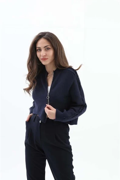 Önü Oval Fermuarlı Hırka - Lacivert - Resim 2