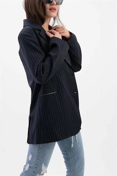 Fleto Cepli Dar Çizgili Poliviskon Blazer Ceket - Lacivert - Resim 6