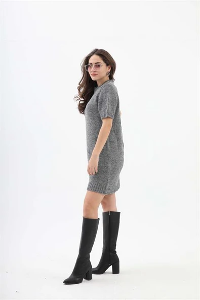 Kısa Kol Kırçıllı Triko Elbise - Siyah-Ekru - Resim 4