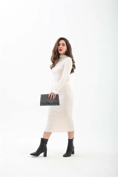 Kendinden Yaka Triko Fitilli Elbise - Krem - Resim 4