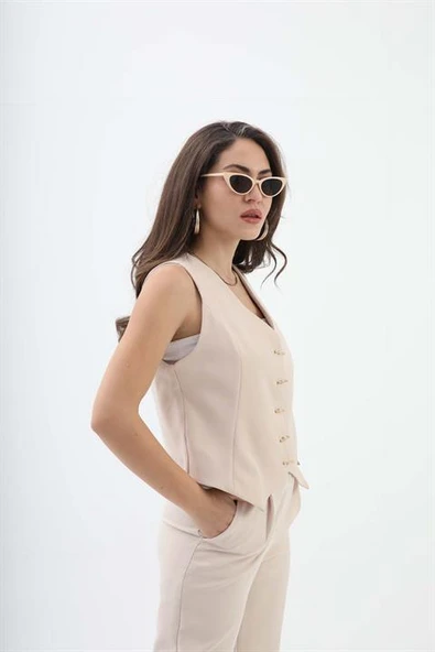 Düğme Detaylı Yelek - Bej - Resim 3